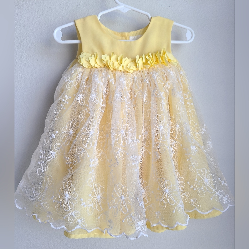 Yellow Ruffley Dress with White Overlay Dress by F & F, Size 12 months